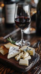 Aromatic Indulgence: A close-up captures a sophisticated pairing of fine wine and artisanal cheese on a rustic wooden board, evoking a sense of refined pleasure.