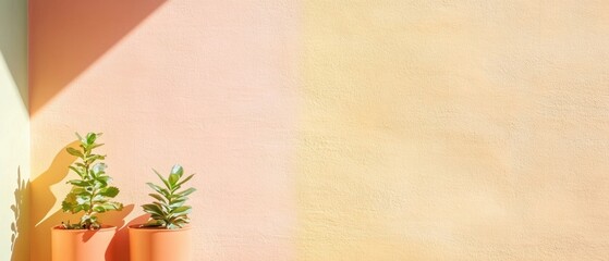 Sunlit Minimalism Vibrant Indoor Potted Plants Against Pastel Wall - Contemporary Urban Gardening and Aesthetic Interiors for Wellness-Inspired Workspaces