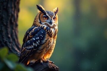 Obraz premium Spectacularly hued owl perched, soft focus backdrop, perched, raptors