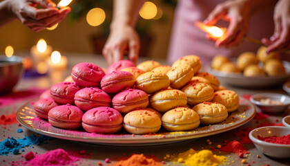 Fototapeta premium Colorful Holi sweets offering at festival gathering, cultural celebration