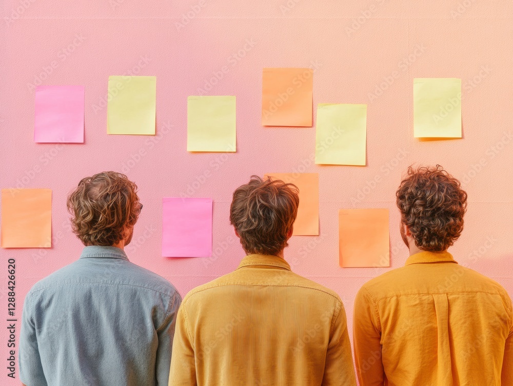 Poster Collaborative Concept Mapping Modern Office Team Engaging in Colorful Sticky Note Strategy Session on Textured Wall - Enhancing Business Innovation and Creative Planning Processes
