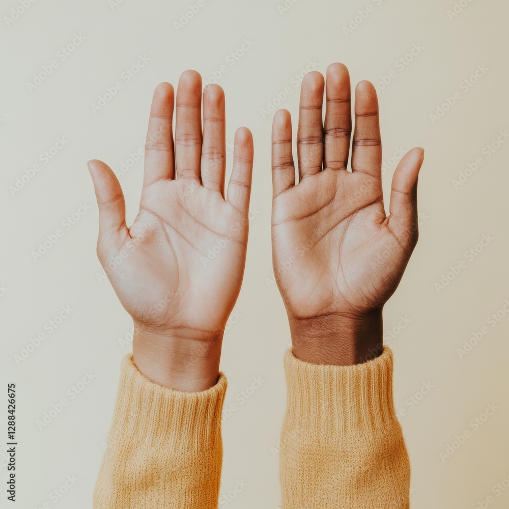 Poster contemporary engagement visual diverse hands raised against minimalist backdrop fostering inclusion 