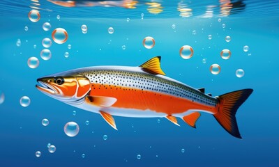 Naklejka premium Vibrant trout underwater with bubbles in clear blue water