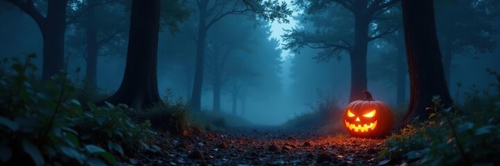 Low-lit eerie forest with a jack O lantern glow on the ground, forest, lantern, mist
