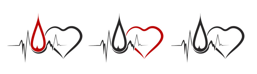 Blood and heart donation concept with a heart, blood drops and lifeline, icon set in red and black designs