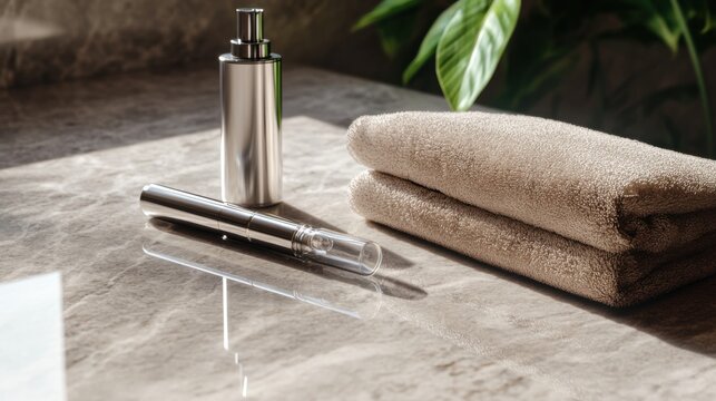 Vaping device on a granite countertop with a neatly folded towel beside it. Featuring relaxation and minimalism