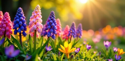 Fototapeta premium Sunlit flowerbed bursts with colorful hyacinths, crocuses , flora, colorful