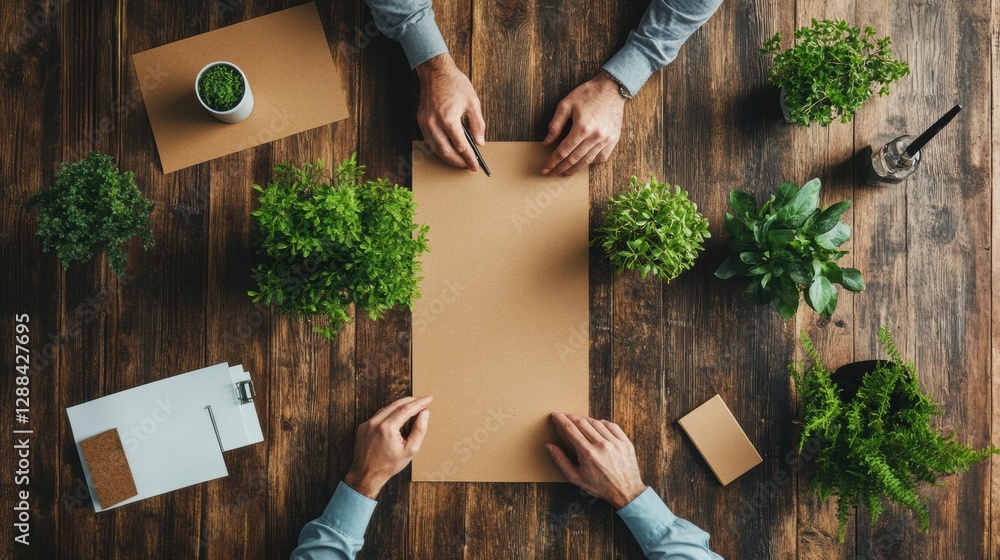 Poster modern biophilic workspace collaborative strategy session with natural elements and wooden textures-