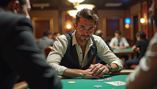 Confident poker player at a high-stakes casino table