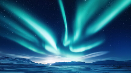 The aurora borealis swirling across the sky in shades of emerald green, deep blue, and hints of violet, resembling a celestial dance