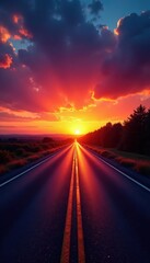 Naklejka premium Sunrise paints vibrant hues across the sky, reflecting on a dark asphalt highway , rays, travel