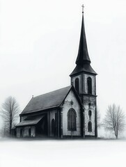 Gothic church winter scene, lonely, serene, mysterious.