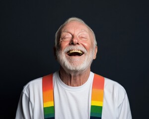 Retro Expressionism Portrait Elderly Man in Oversized Rainbow Suspenders Emphasizing Age Positivity and Unique Style for Contemporary Lifestyle Branding and Senior Fashion