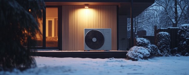 Modern heat pump unit outside snow-covered house at dusk