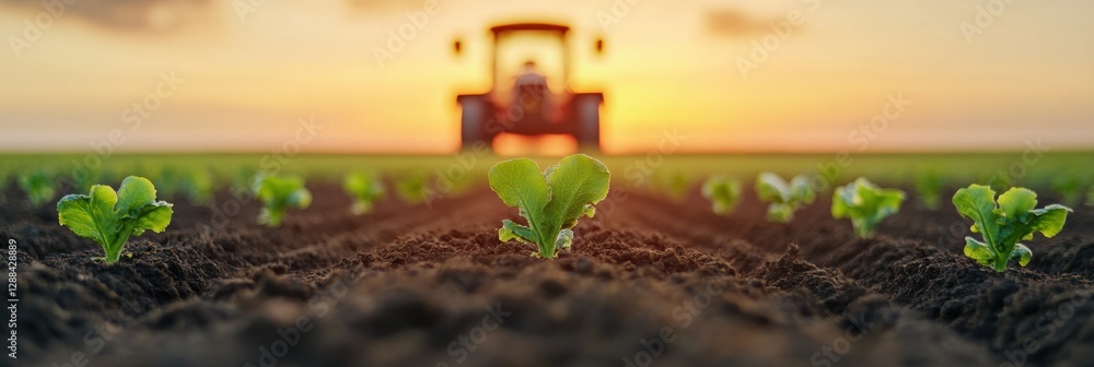 Poster Rustic Tech-Powered Crop Visualization Tablet on Fertile Soil with Tractor - Enhancing Precision Agriculture for Smart Farming in Eco-conscious, Data-driven Modern Agriculture
