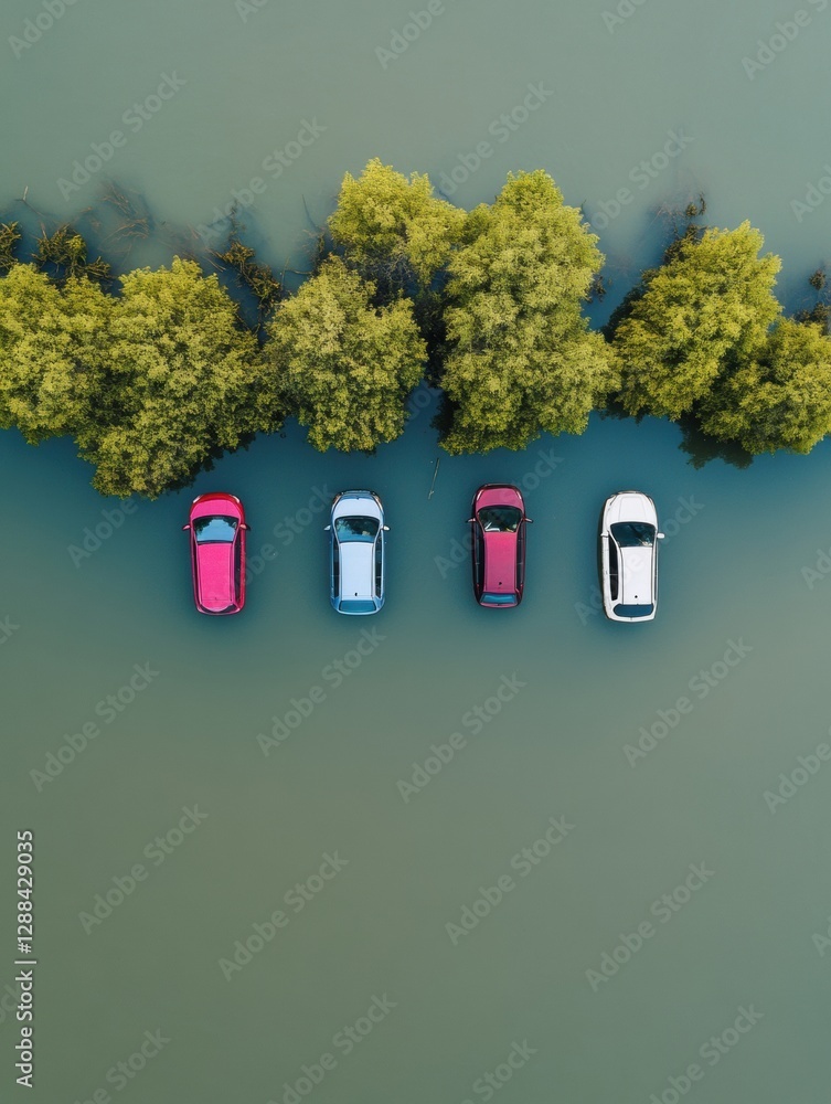 Poster aerial view of submerged vehicles and trees visual insight into urban flood vulnerability for enviro