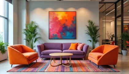 Vibrant office lounge features colourful seating, artwork, plants for collaborative spaces. Modern design, comfortable furniture, contemporary style create inviting atmosphere, warmth. Promotes