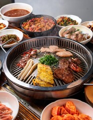 Korean barbecue grilling with various side dishes