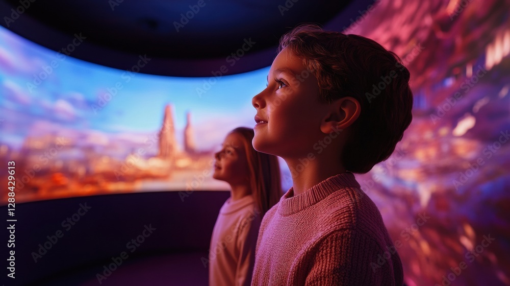 Poster Immersive Tech Experience Family Virtual Tour on Curved Screen with Interactive Panels and Ambient Light - Home Entertainment and EdTech Innovation for Modern Curiosity