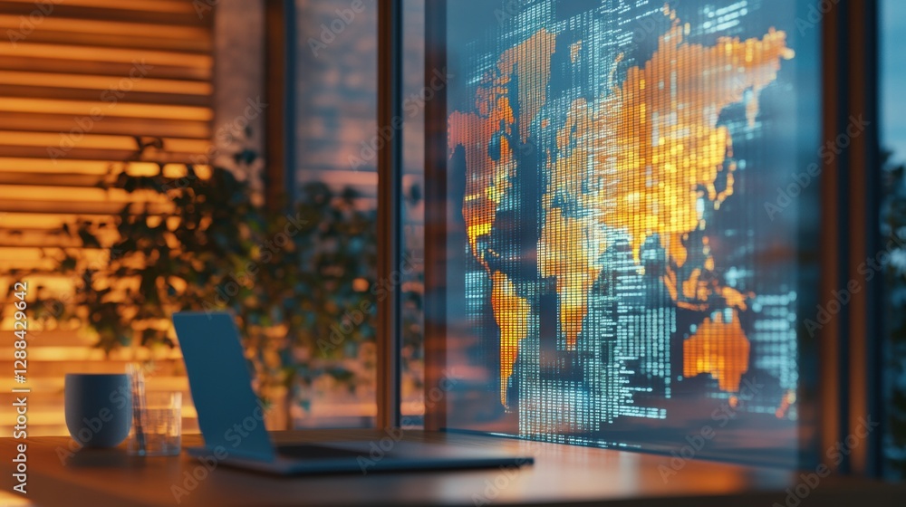 Poster futuristic glass office digital global travel display with dynamic lighting - cutting-edge workspace