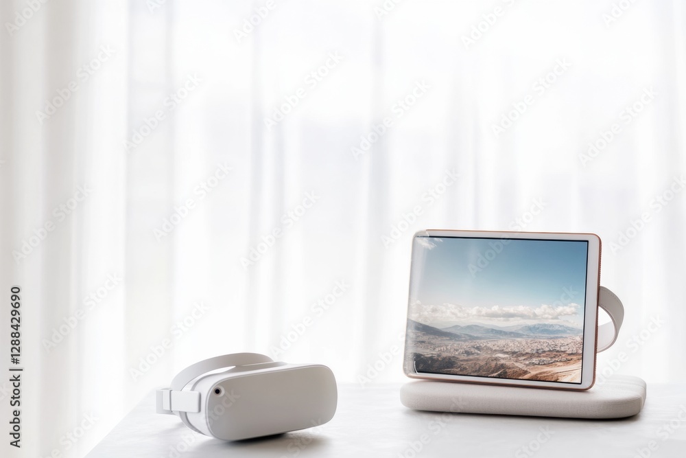 Aufkleber Minimalist VR and Smart Display Setup on Soft Textured Surface in Modern Home Office - Enhancing Digital Interaction and Productivity with Contemporary Aesthetic