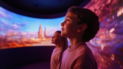 Immersive Tech Experience Family Virtual Tour on Curved Screen with Interactive Panels and Ambient Light - Home Entertainment and EdTech Innovation for Modern Curiosity