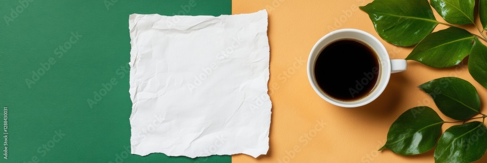 Aufkleber biophilic office setup textured paper with coffee and lush greenery on colorblock surface - mindful 