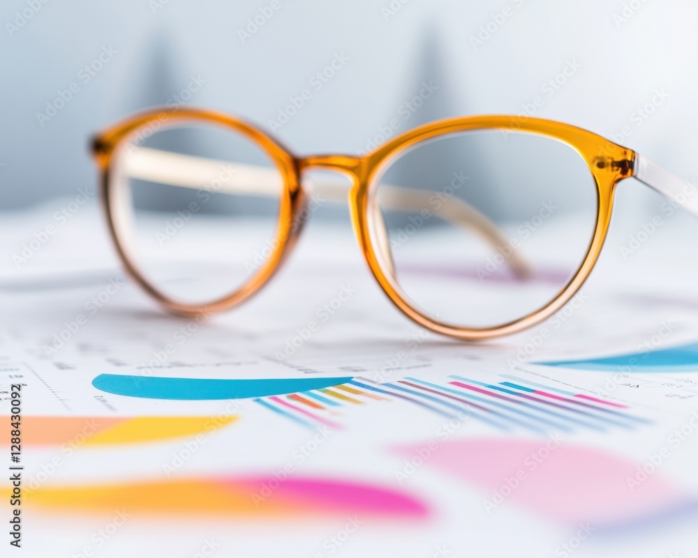 Aufkleber Mid-Century Modern Analytics Translucent Amber Spectacles on Colorful Data Charts - Trendy Corporate Insight and Strategic Visual Storytelling for Business Analysts