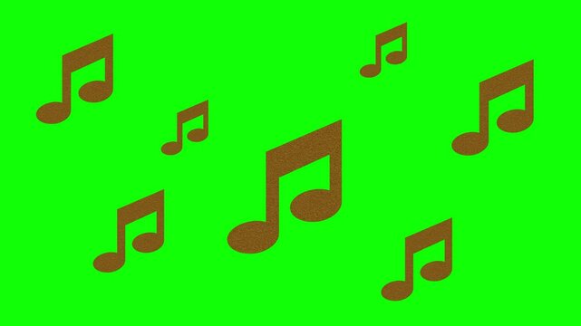 Animated Gold notes fly from bottom to top on a green background. Concept of music, song, melody