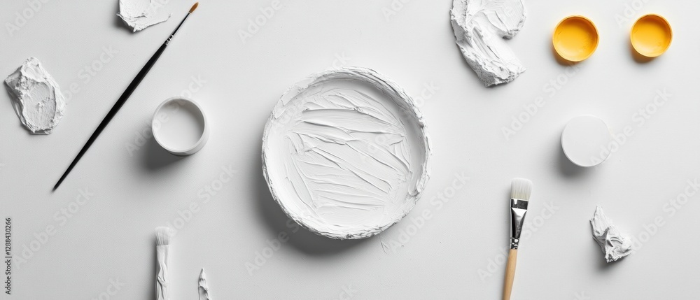 Aufkleber modern minimalist art supplies display textured white palette and brushes on clean canvas creative s