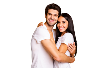 Photo of amazing pair in love holding each other in hands haven't seen for ages wear casual white t-shirts isolated yellow color background