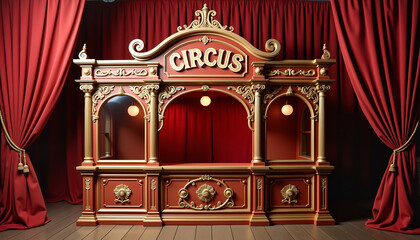  Elegant vintage-style circus ticket booth with red curtains