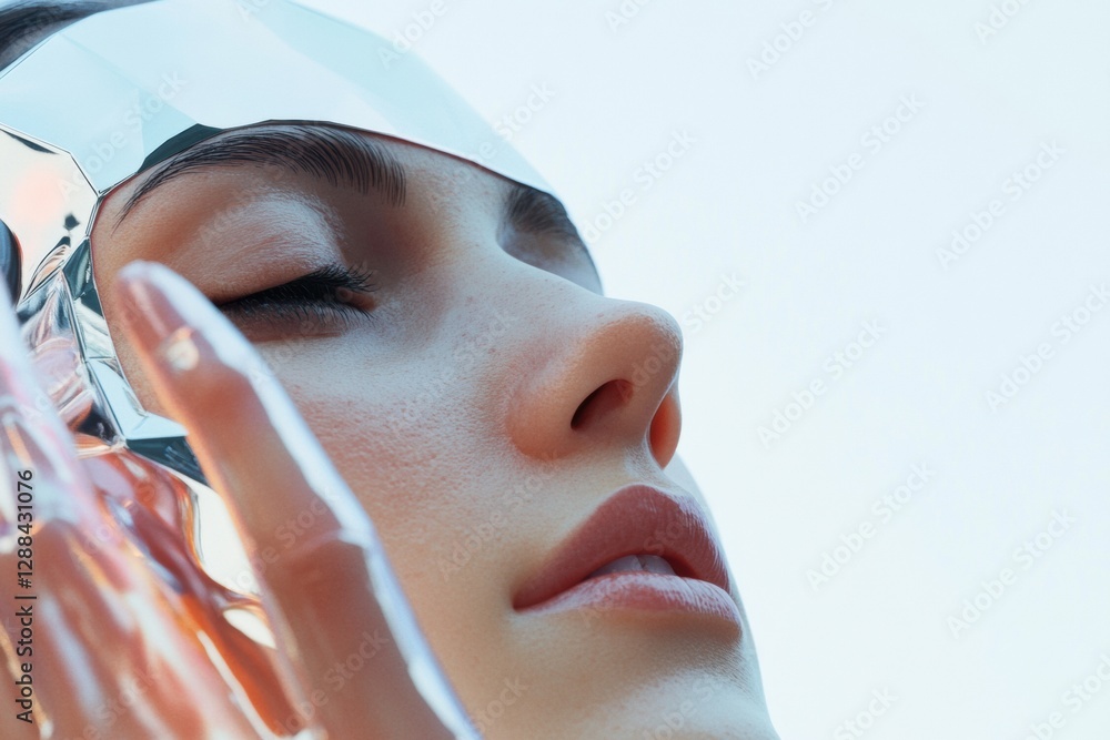 Aufkleber Futuristic AI Influencer in Geometric Attire with Holographic Elements Premium CGI for Cutting-Edge Digital Marketing and Tech-Savvy Virtual Commerce Strategies