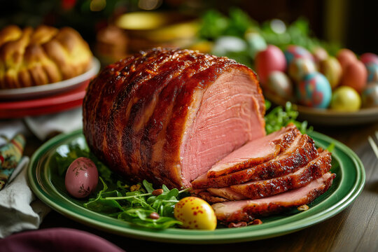 Glazed honey ham served on ceramic plate with Easter eggs and fresh greens in a festive setting