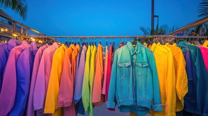 Fototapeta premium Neon Urban Thrift Market Vintage and Upcycled Fashion Display - Bold Streetwear and Distressed Denim for Sustainable Retail and Vibrant Lifestyle Branding