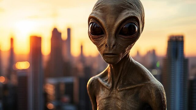 Alien with city in background - Extraterrestrial, space travel and civilization concept - Model by AI generative