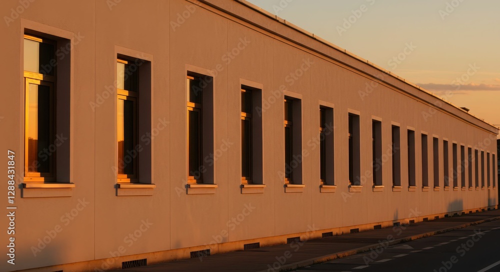 Poster modern architecture long building with sunset reflections on windows