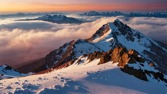 Landscape photograph showcasing a breathtaking mountain range covered in snow