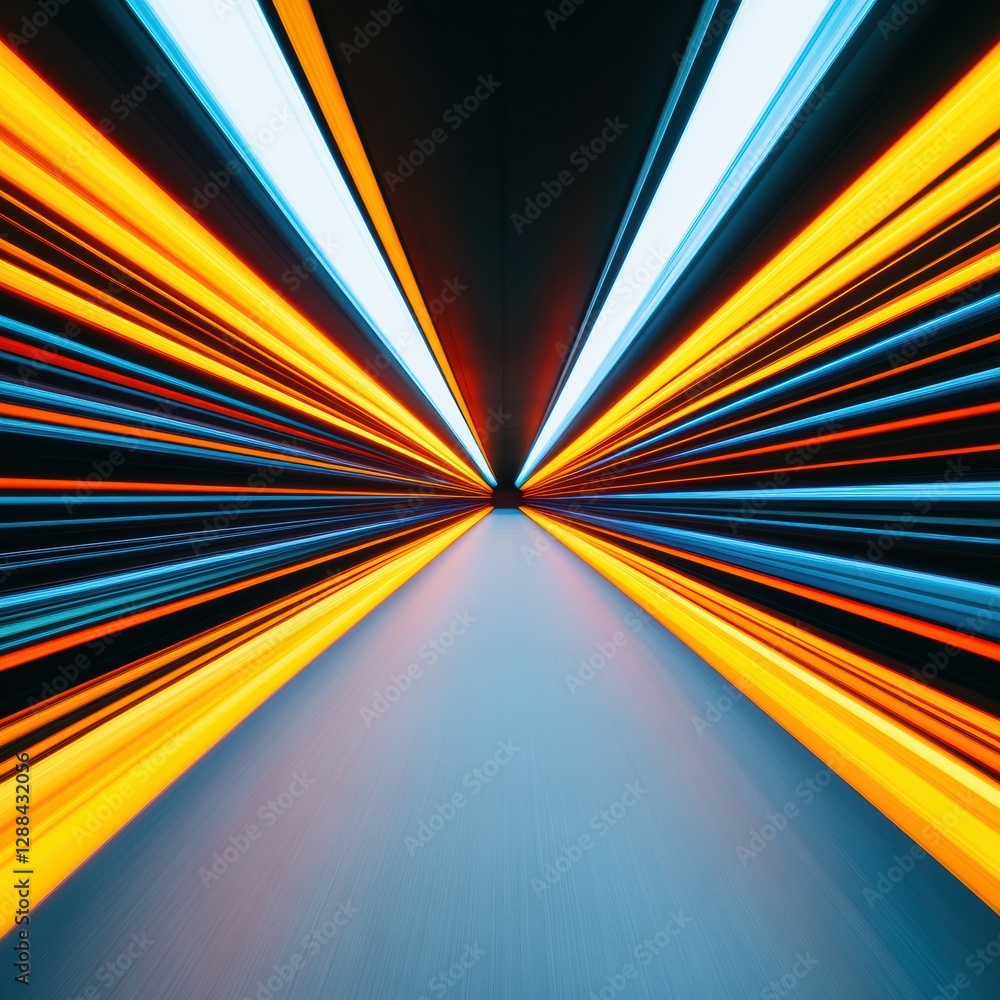 Poster Dynamic Data Stream Futuristic Neon Corridor with Speeding Light Patterns - Data Center Infrastructure Visual for Technological Advancement in Digital Business Innovation