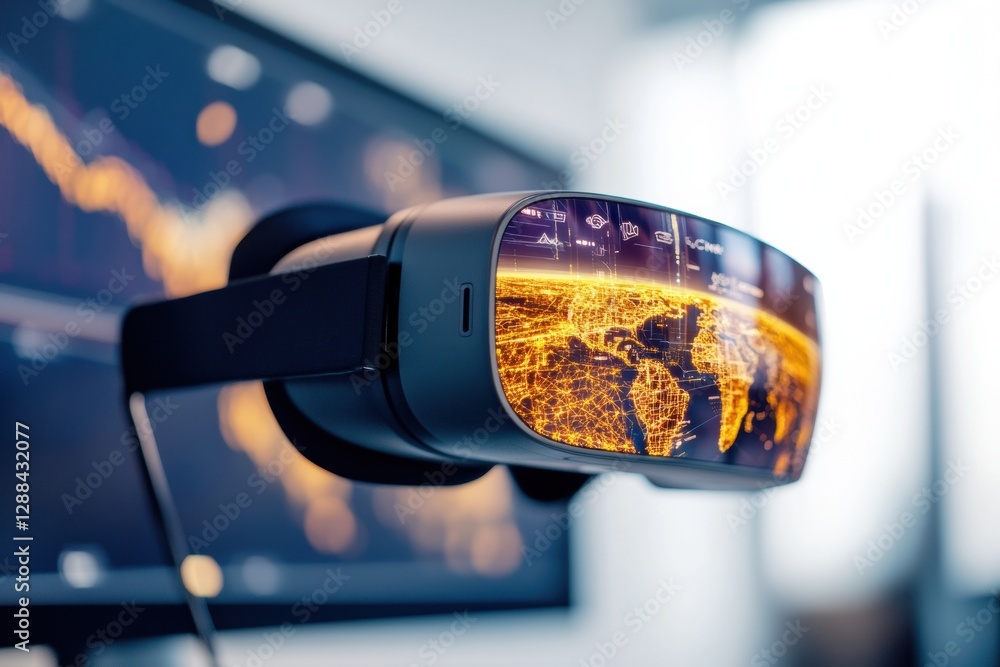 Poster Curved Monitor and VR Headset in Minimalist Space Tech-Enabled Virtual Travel Dashboard for Innovative Business Solutions and Digital Tourism