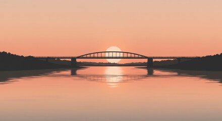 Naklejka premium Serene sunset over a quiet river with silhouetted bridge and reflective water