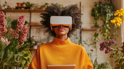 Contemporary Co-Working Hub Virtual Reality Tablets amidst Urban Jungle Decor Enhancing Remote Work Experiences for Digital Nomads and Tech-Forward Networking