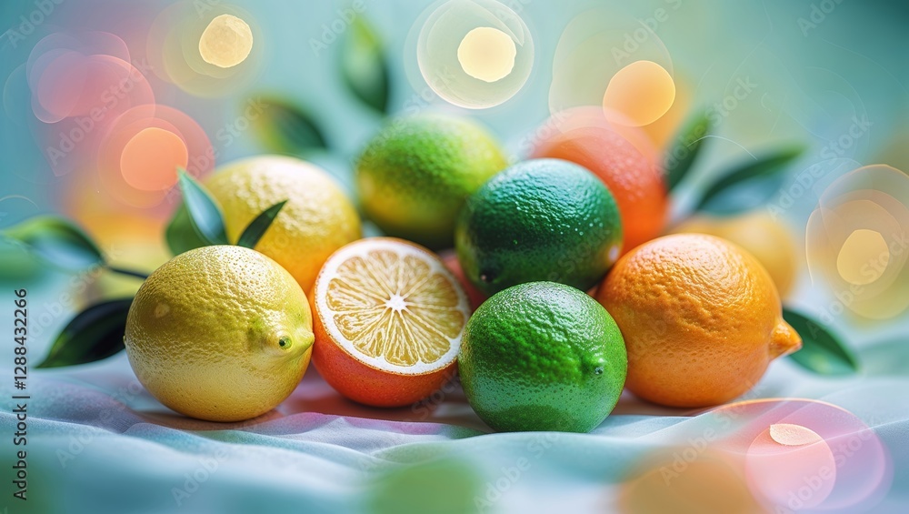 Poster colorful assortment of citrus fruits displayed on soft fabric with beautiful bokeh background at a b