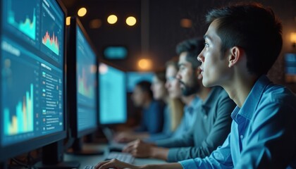 Diverse colleagues analyze data on PC. Focused people working indoor in cyberspace examining futuristic technology, database, code on multiple screens. Engineers brainstorming solutions, typing on