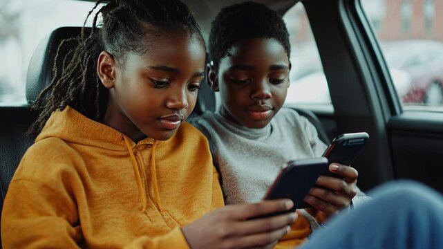 Two young african american teenager sitting in car while using mobile phone - Black brother and sister and technology concept - Models by AI generative