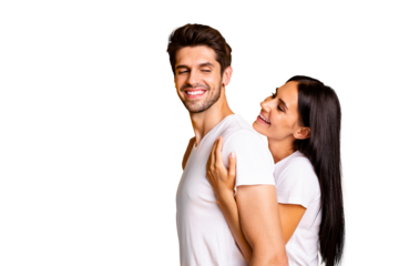 Profile photo of amazing pair in love lady holding piggyback strong back of guy wear casual white t-shirts isolated yellow color background