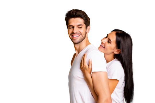 Profile photo of amazing pair in love lady holding piggyback strong back of guy wear casual white t-shirts isolated yellow color background