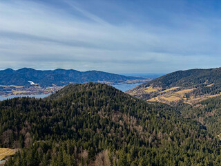 Scenic aerial view of Lake Tegernsee and the Bavarian Alps, Germany.