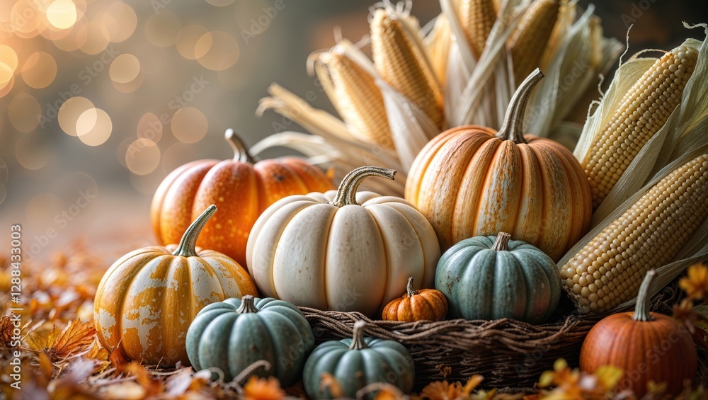 Poster festive display of assorted pumpkins and corn arranged with autumn leaves in a warm setting