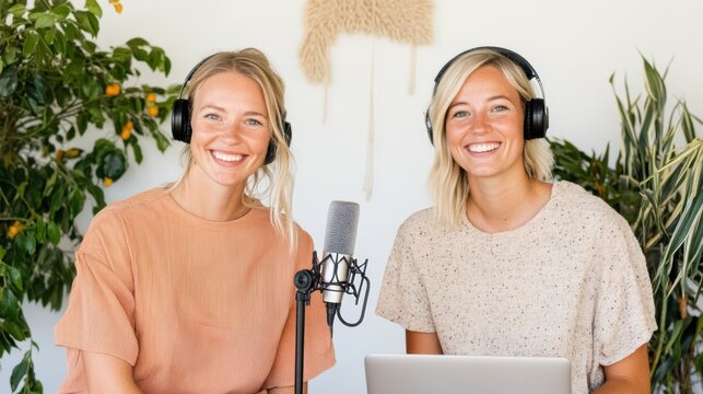 Chic Co-Working Podcast Setup Micro-Influencers with Professional Mics and Laptop in Urban Green Space - Elevating Lifestyle Content and Media Partnerships
